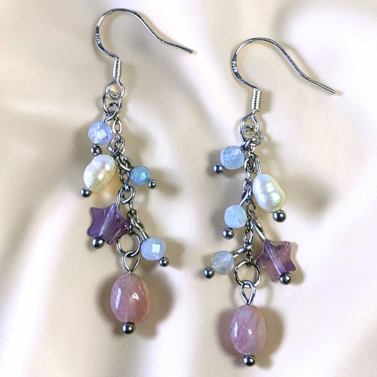 Celestial Pearl & Crystal Drop Sterling Silver Earrings | Aquamarine, Amethyst, Pearl, Rose Quartz