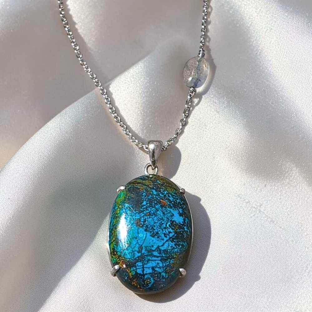 Rare Shattuckite & Labradorite 925 Sterling Silver Necklace