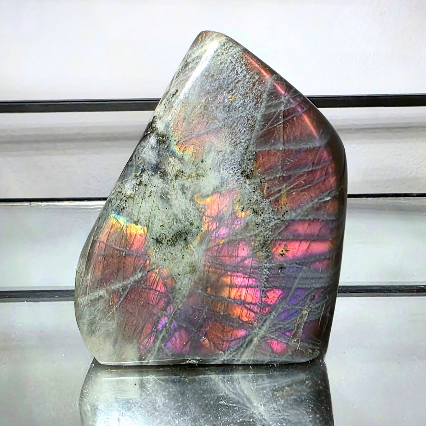 High grade Labradorite freeform with rare pink and purple flash from Madagascar showing strong labradorescence