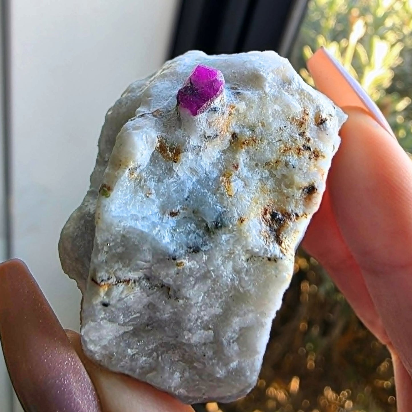 Fluorescent Raw Ruby in White Marble with Pyrite - Hunza Valley, Pakistan