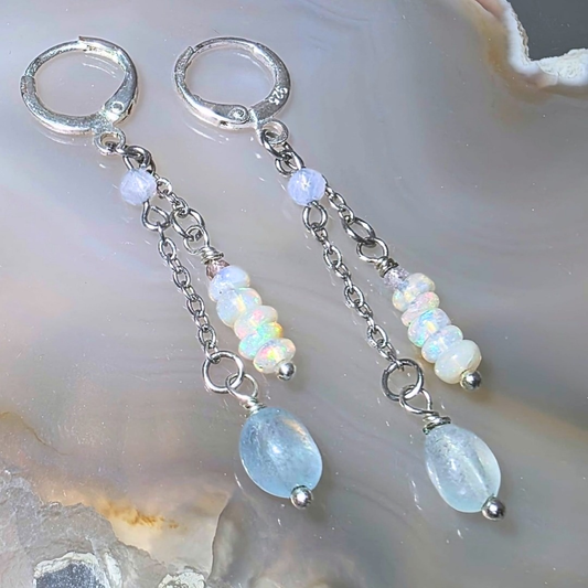 Opal Light Drop Earrings | Ethiopian Opal & Aquamarine (Sterling Silver)☁️