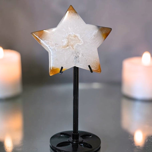 High Grade Carnelian Agate Star on Custom Stand with Druzy Quartz