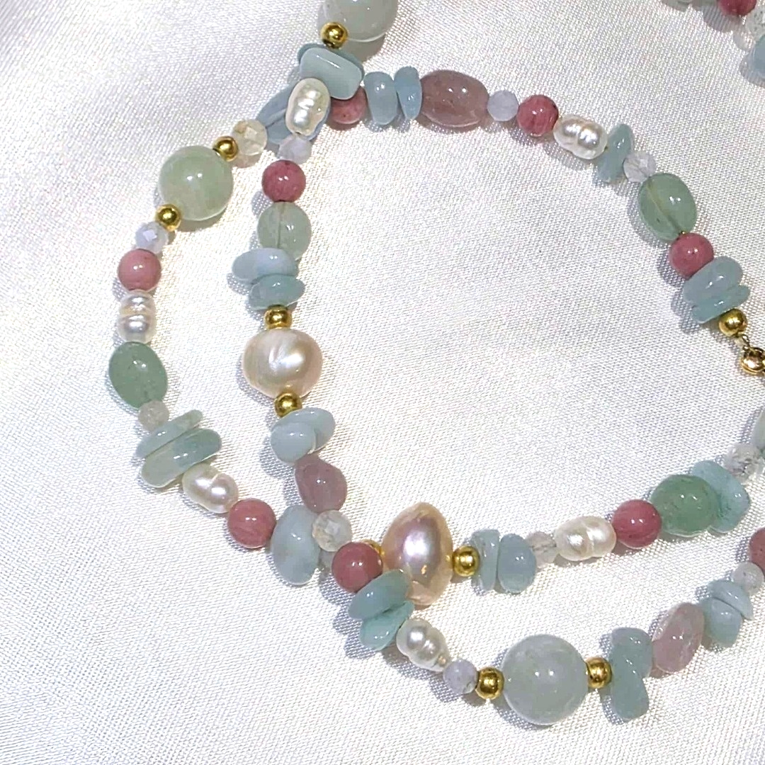 Pastel Crystals ~ Amazonite, Rhodonite, Rose Quartz, Aventurine, Aqua & Pearl Necklace