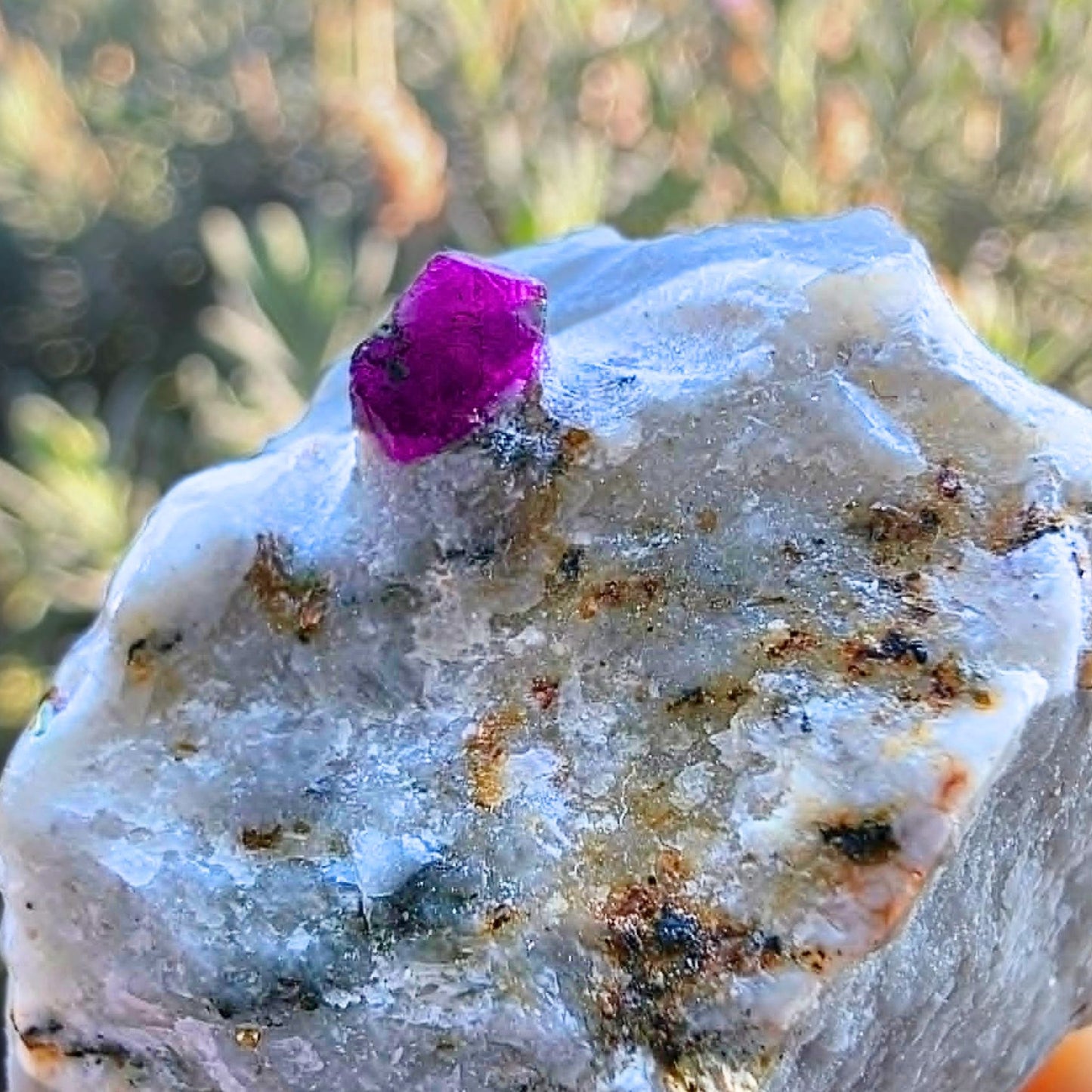 Fluorescent Raw Ruby in White Marble with Pyrite - Hunza Valley, Pakistan