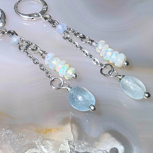 Opal Light Drop Earrings | Ethiopian Opal & Aquamarine (Sterling Silver)☁️
