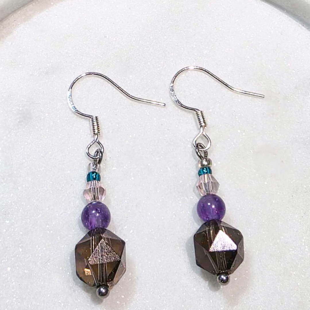 Faceted Smoky Quartz & Amethyst Drop Earrings