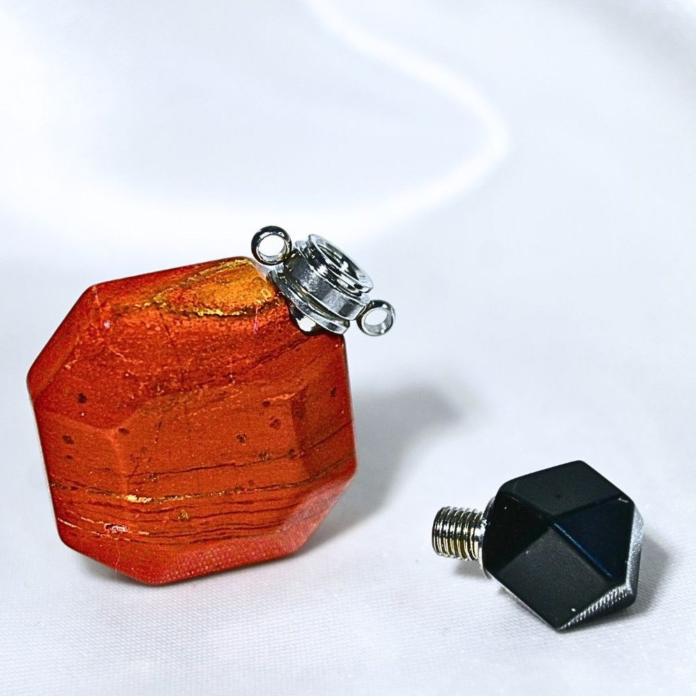 Red Jasper & Obsidian Refillable Trinket Bottle with Stainless Steel Chain