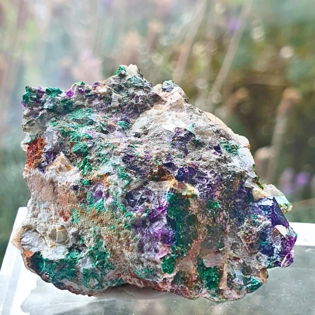 Rare Purple Cubic Fluorite on Malachite & Mica Specimen 2