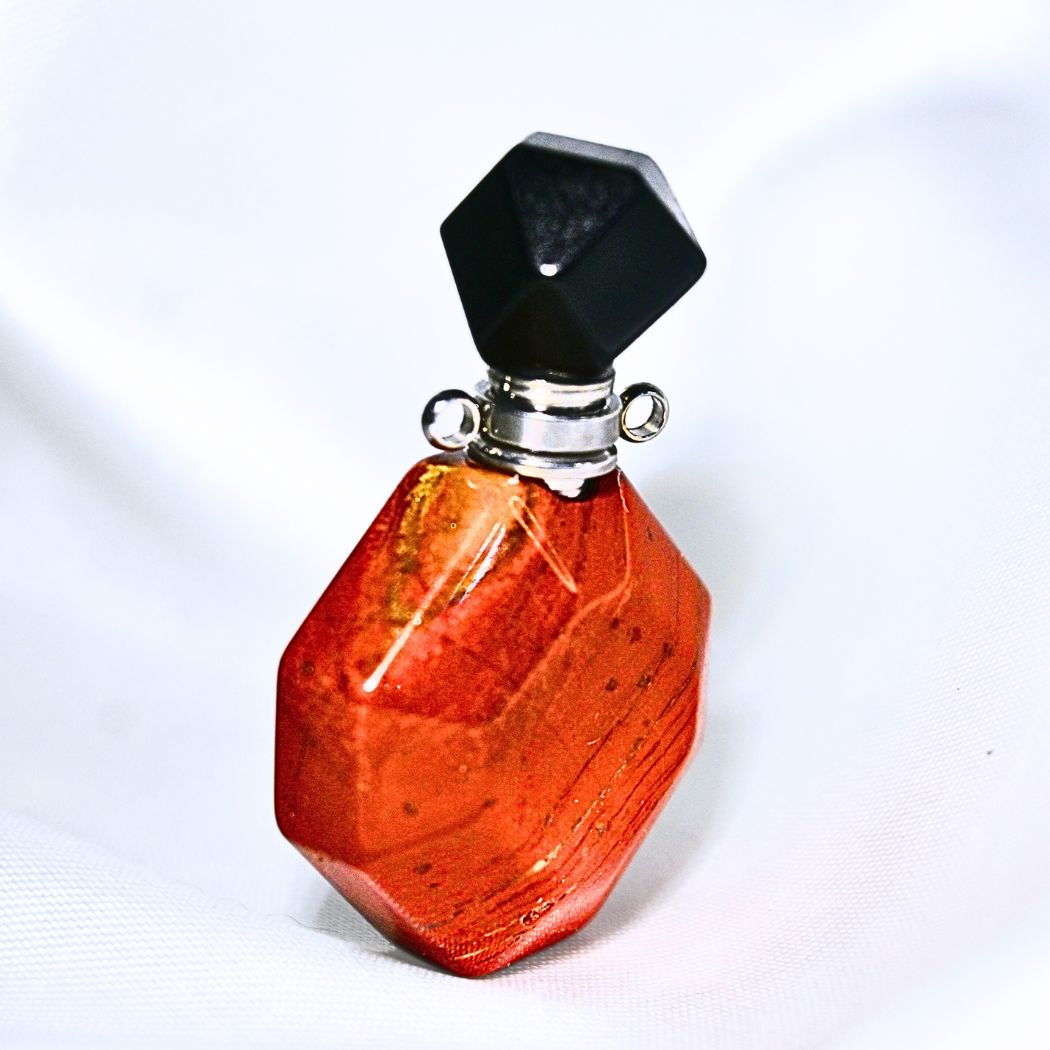 Red Jasper & Obsidian Refillable Trinket Bottle with Stainless Steel Chain