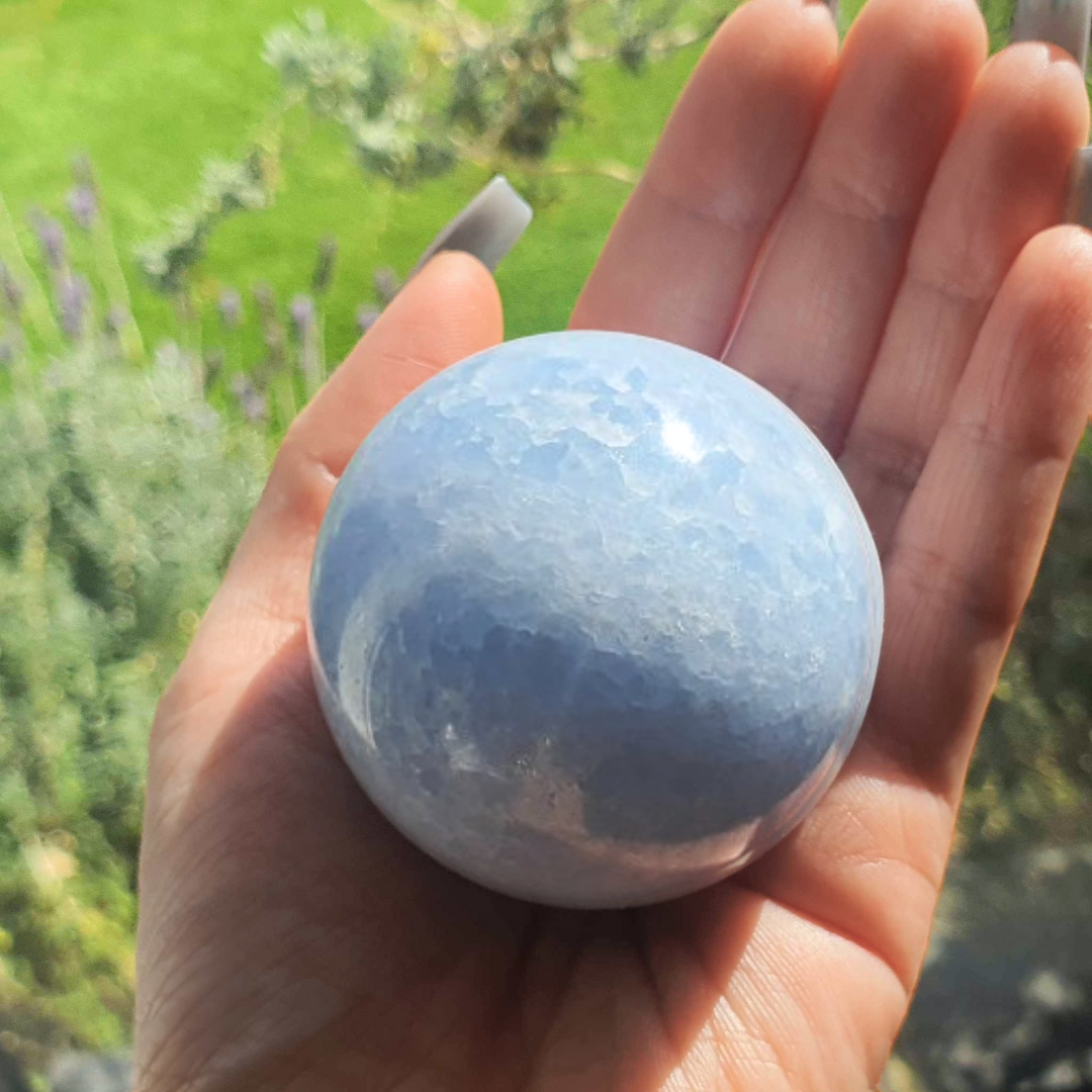 Natural Blue Calcite Crystal Sphere with Shimmers