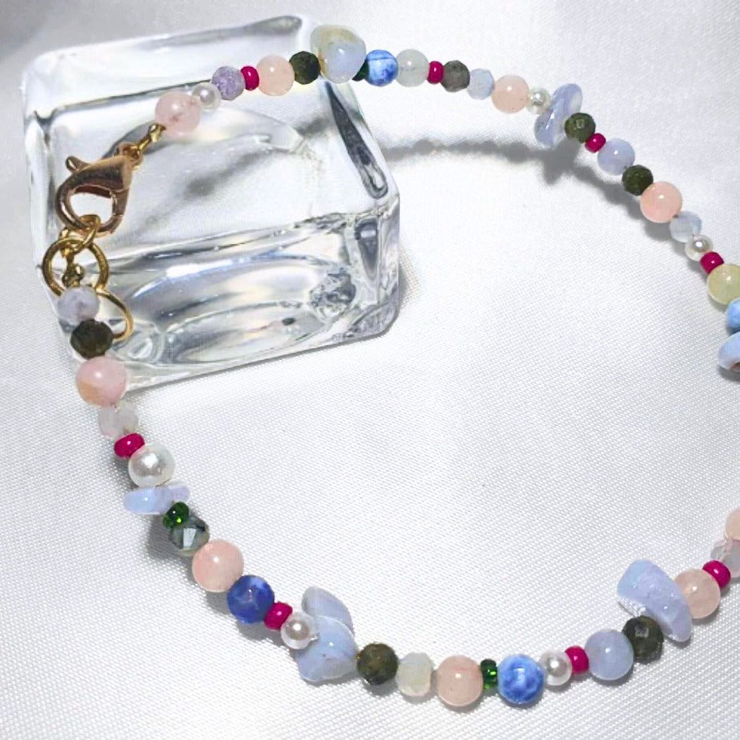 Blue Lace Agate, Sodalite, Morganite & Tourmaline Crystal Bead Bracelet