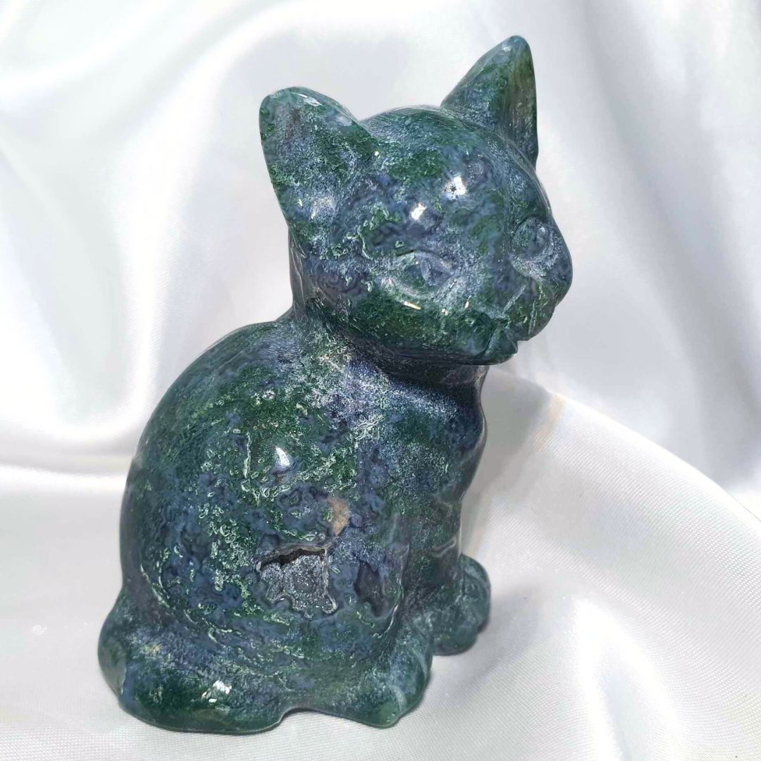 Large Moss Agate Cat Carving