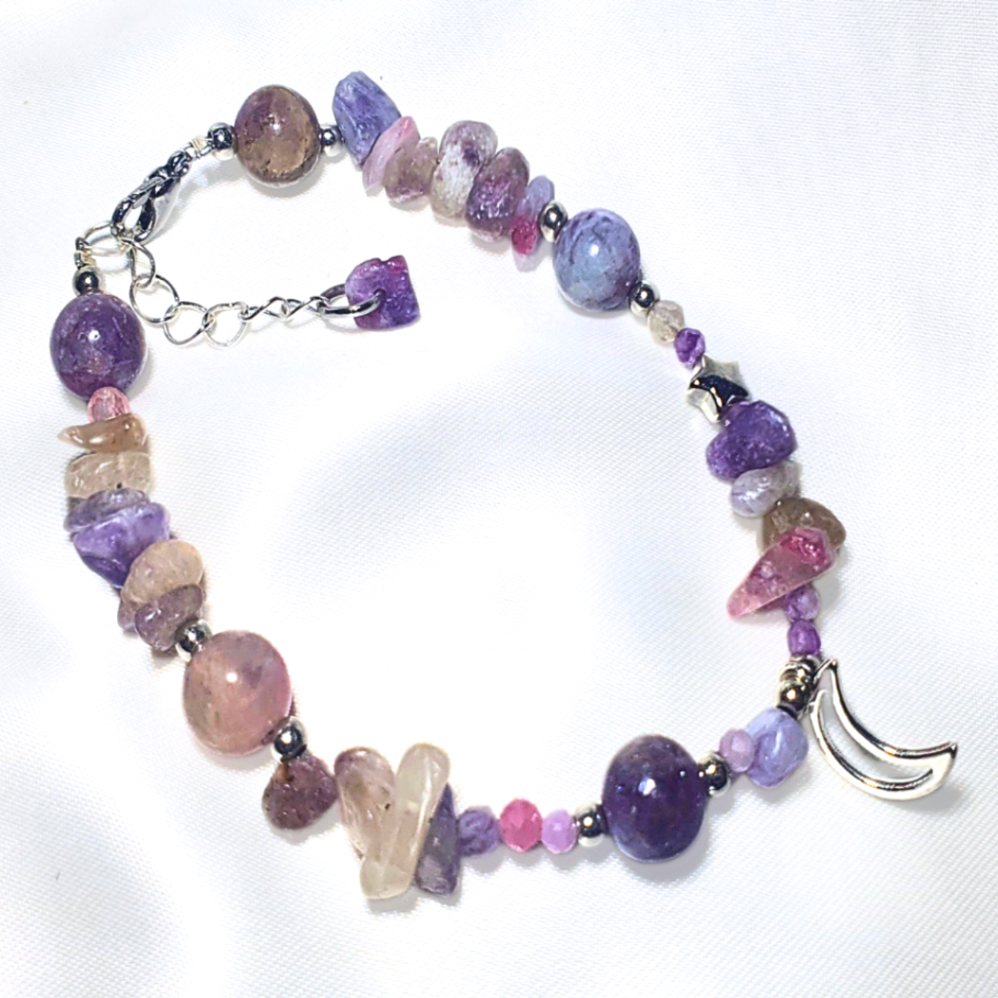 Pegmatite (Unicorn Stone) with Pink Tourmaline & Amethyst Crystal Bracelet