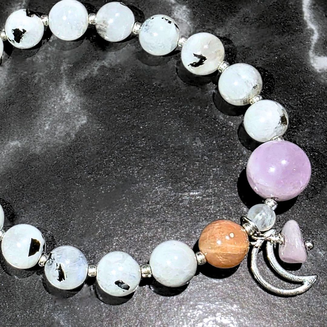 Rainbow & Peach Moonstone with Kunzite Crystal Charm Bracelet