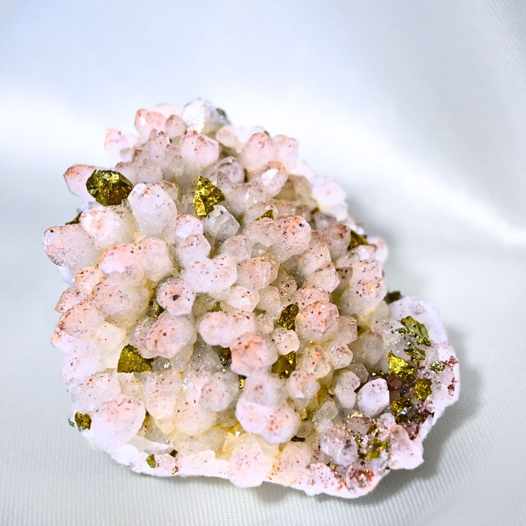 Golden Pyrite on Pink Chalcedony Cluster - Morocco