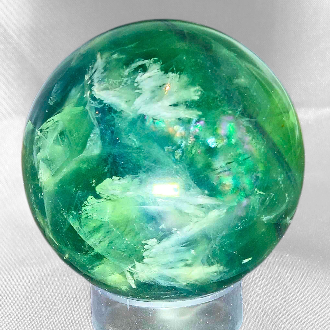 Feather Fluorite Sphere with rainbows - 6cm