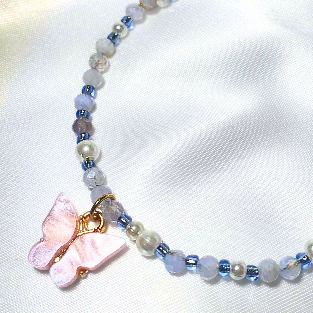 Blue Lace Agate & Glass Bead Butterfly Bracelet