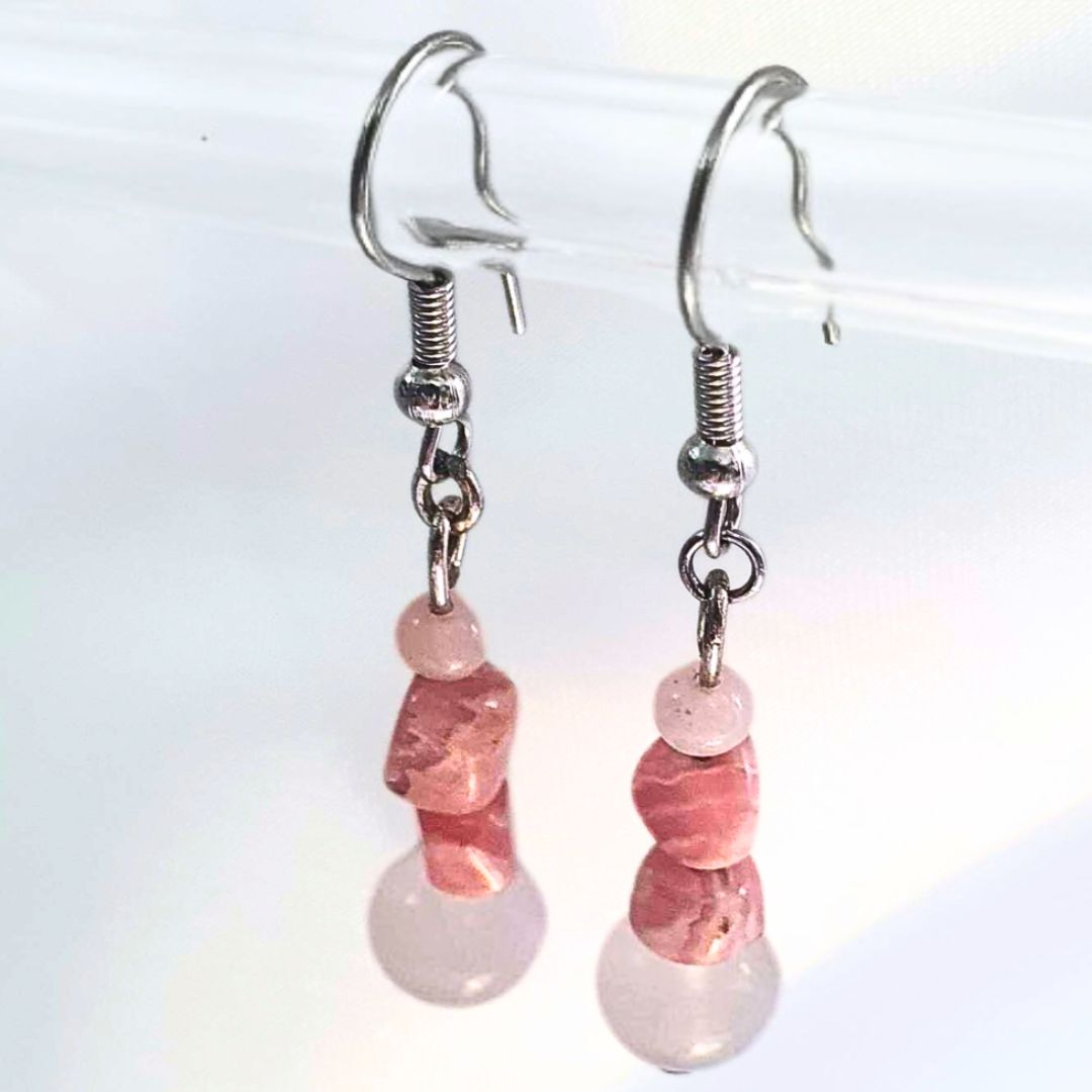 Sterling Silver Rhodochrosite & Rose Quartz Crystal Earrings