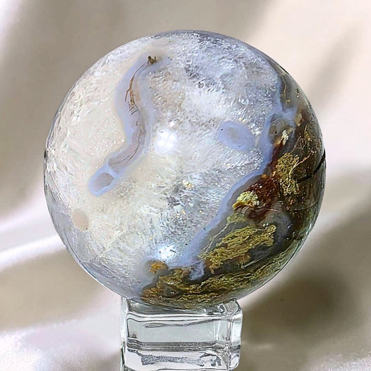 High Grade Moss Agate & Blue Chalcedony Sphere - 280g