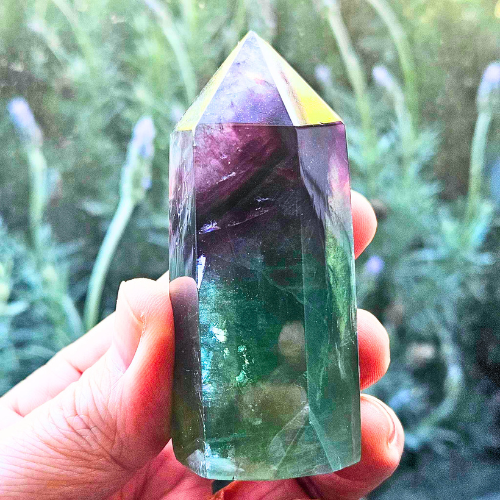 Purple and Green Fluorite Tower with Rainbows