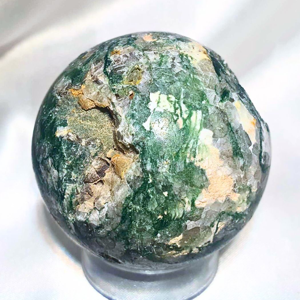 Moss Agate Sphere with Natural Openings - includes stand