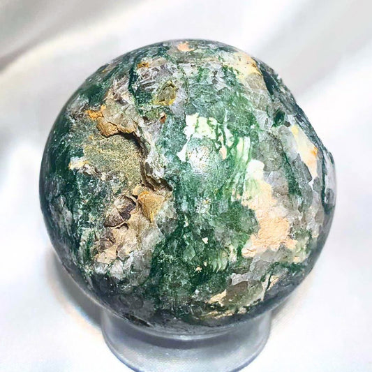 Moss Agate Sphere with Natural Openings - includes stand