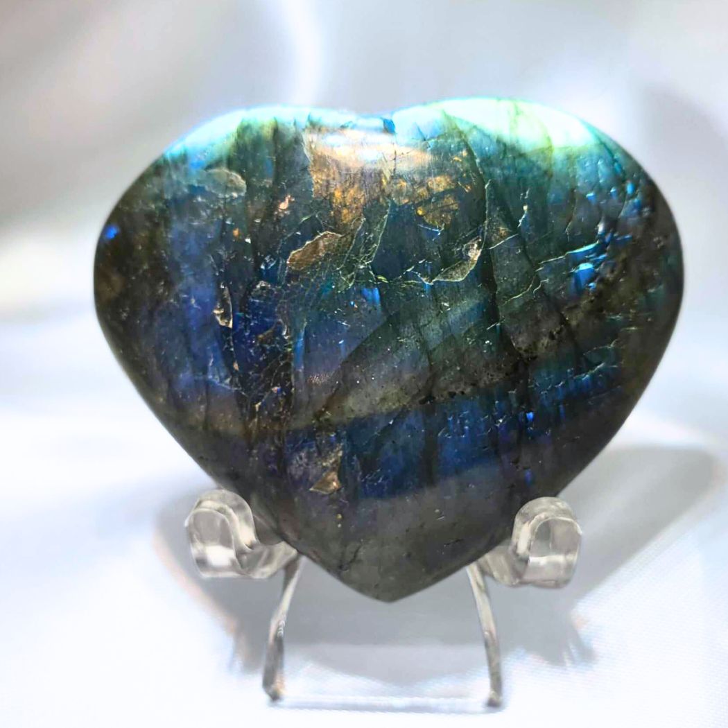 Labradorite Heart Carving with High Blue Flash - includes stand