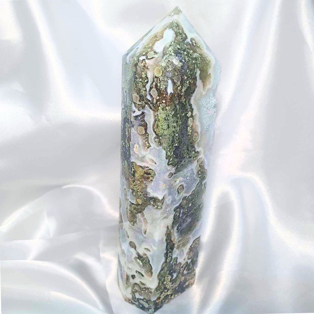 Large Moss Agate with Druzy Quartz Tower Point - 19cm, 749g