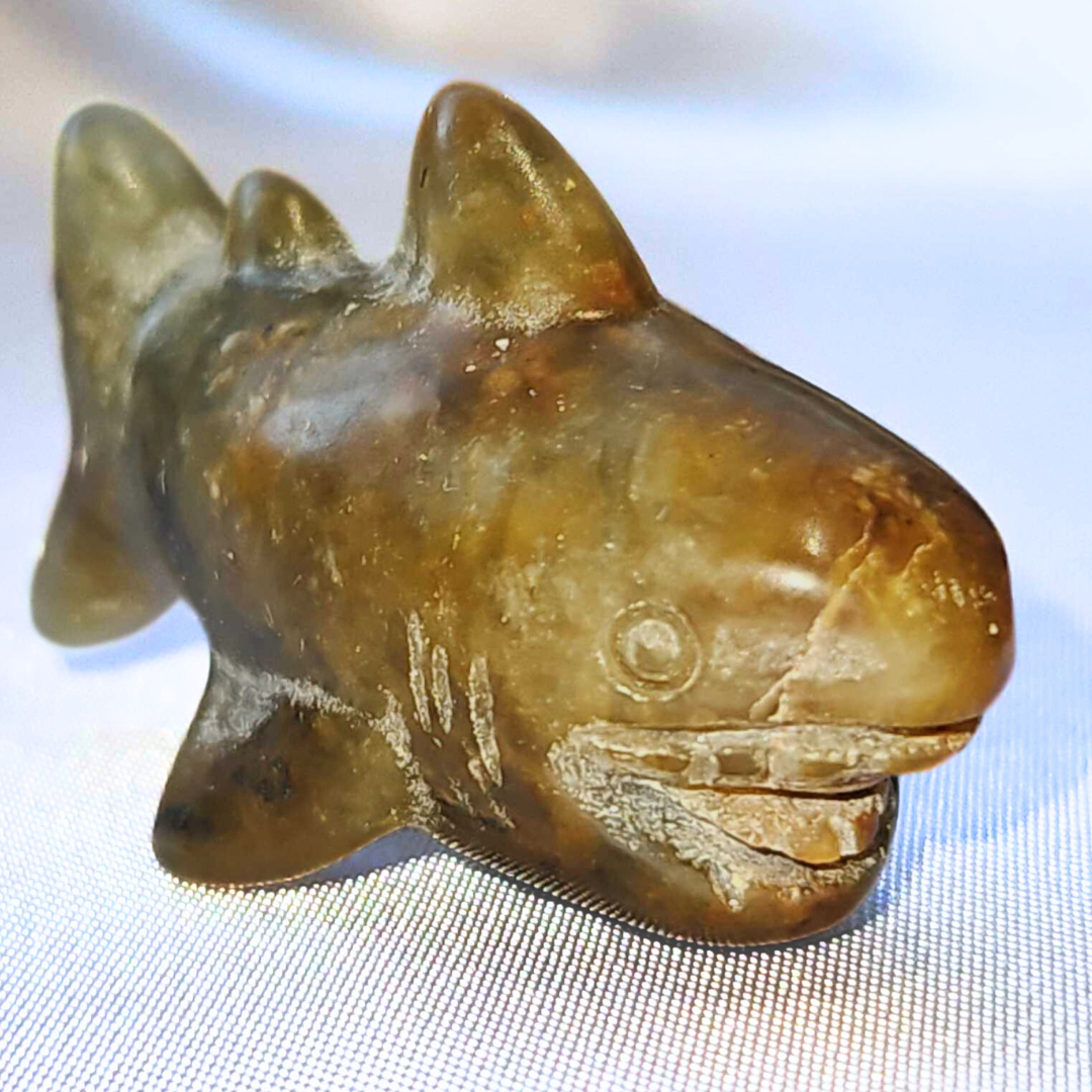 Ocean Jasper Shark Carving with Actual Teeth