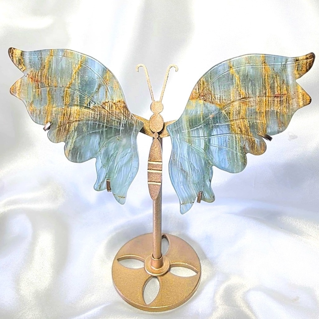 Aquatine Lemurian (Blue Onyx) Butterfly on Gold Metal Stand