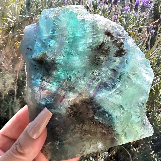 Large Feather Fluorite with Scolecite Crystal Slab - includes stand