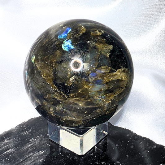 Labradorite Sphere with Black Tourmaline & Blue Flash - 369g