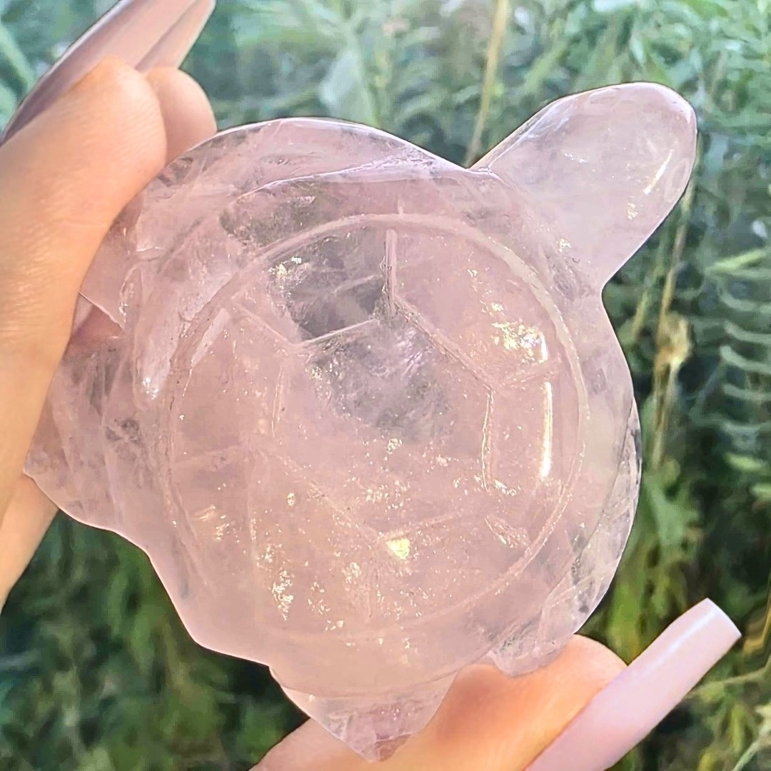 Rose Quartz Turtle Carving with Rainbows