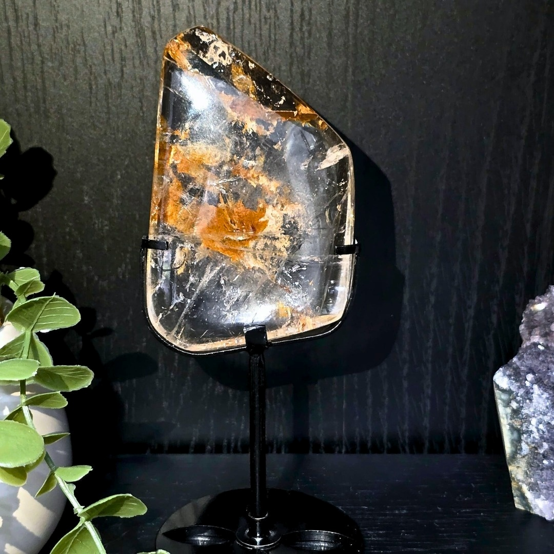 A Grade Garden Quartz, Golden Healer Enhydro Freeform on Stand - 17.5cm tall