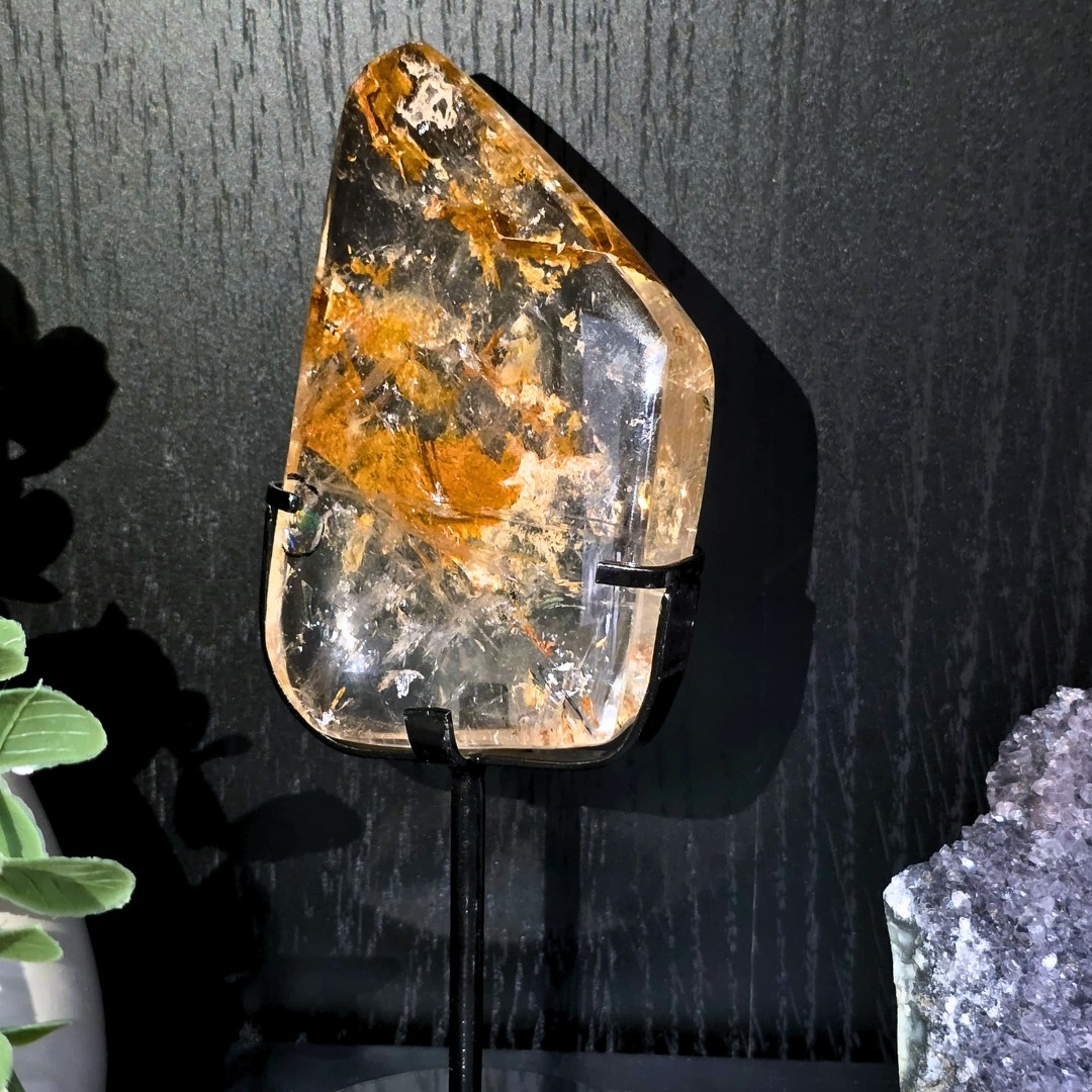A Grade Garden Quartz, Golden Healer Enhydro Freeform on Stand - 17.5cm tall