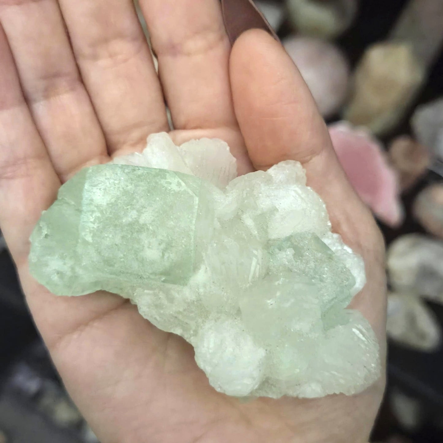 High Grade Sugar Green Apophyllite & Stilbite Cluster with Rainbows - 7.8cm