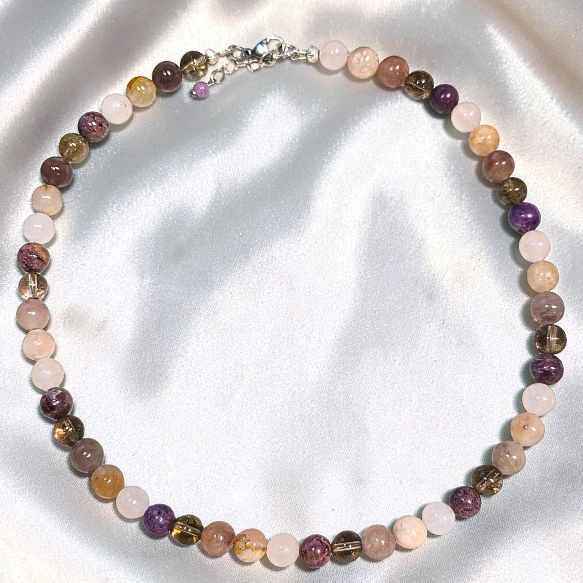 Petal Vesper crystal necklace with Rose Quartz, Flower Agate, Phosphosiderite and Smoky Quartz beads in soft blush and lilac tones