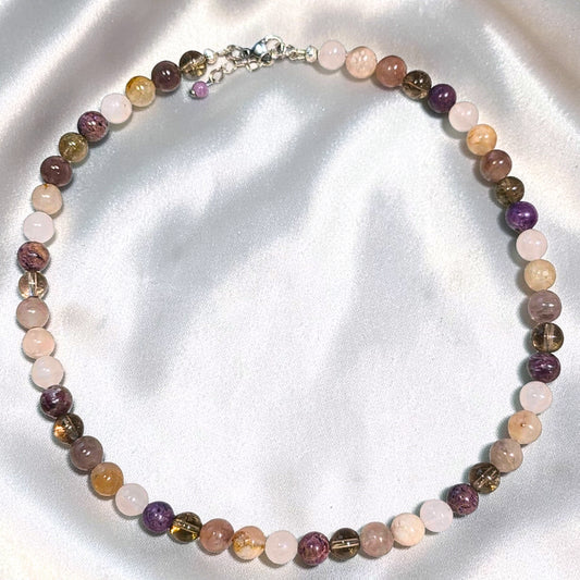 Petal Vesper crystal necklace with Rose Quartz, Flower Agate, Phosphosiderite and Smoky Quartz beads in soft blush and lilac tones