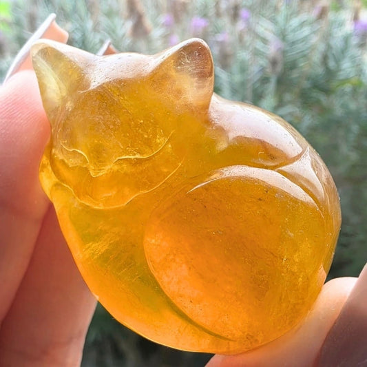 Natural Yellow Fluorite Medium Sleeping Cat Carving