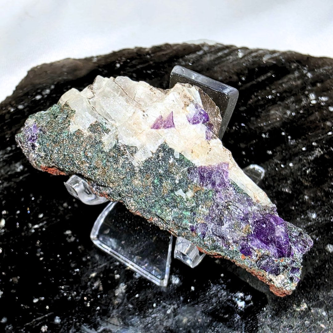 Purple Cubic Fluorite on Malachite & Feldspar Cluster