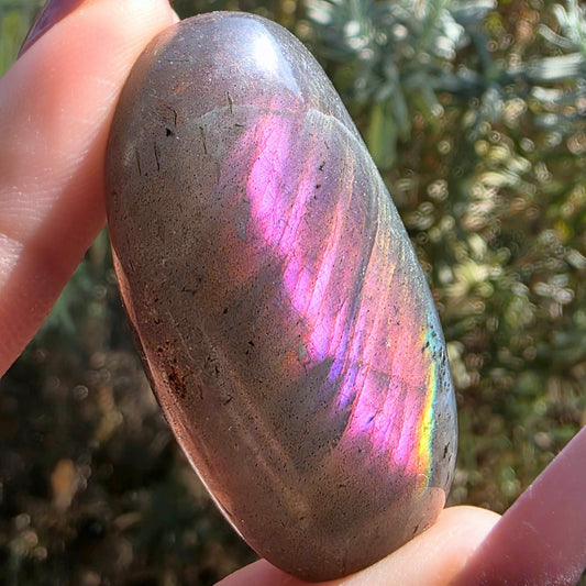 Light Grey Labradorite Palm Stone with Pink Purple Flash