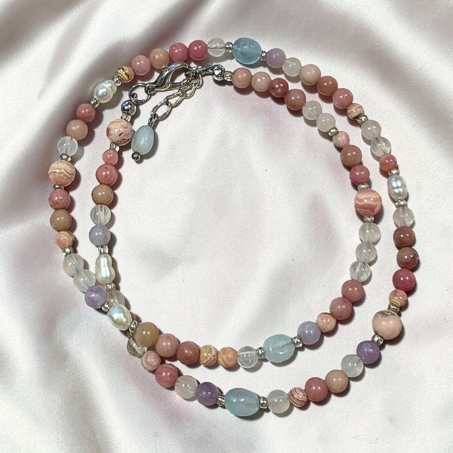Blush Roselle Necklace | Rhodochrosite, Rhodonite, Aquamarine & Pearl (4mm)