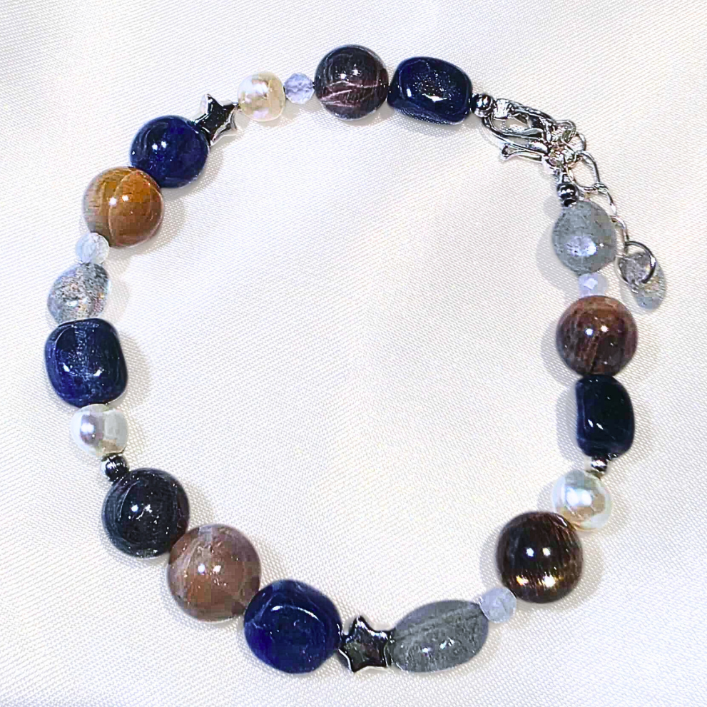 Peach & Black Moonstone, Sodalite, Labradorite & Pearl Crystal Bracelet