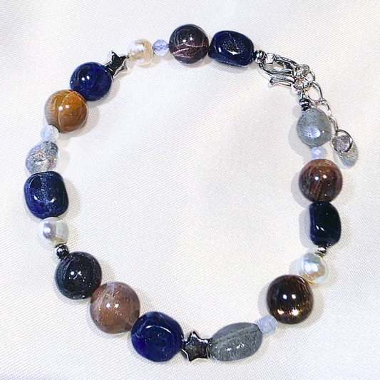 Peach & Black Moonstone, Sodalite, Labradorite & Pearl Crystal Bracelet