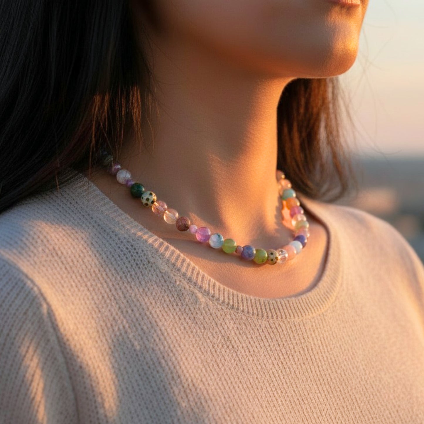 Speckle Multistone Crystal Necklace | Amethyst, Aquamarine, Dalmatian Jasper & Moonstone