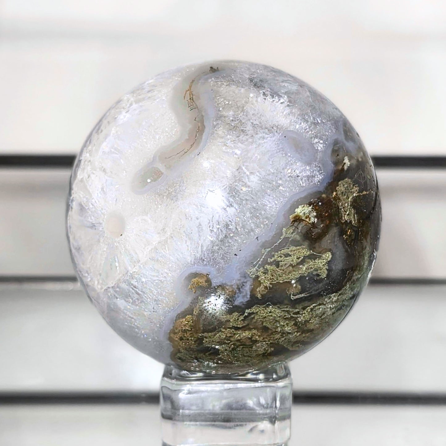 High Grade Moss Agate & Blue Chalcedony Sphere - 280g
