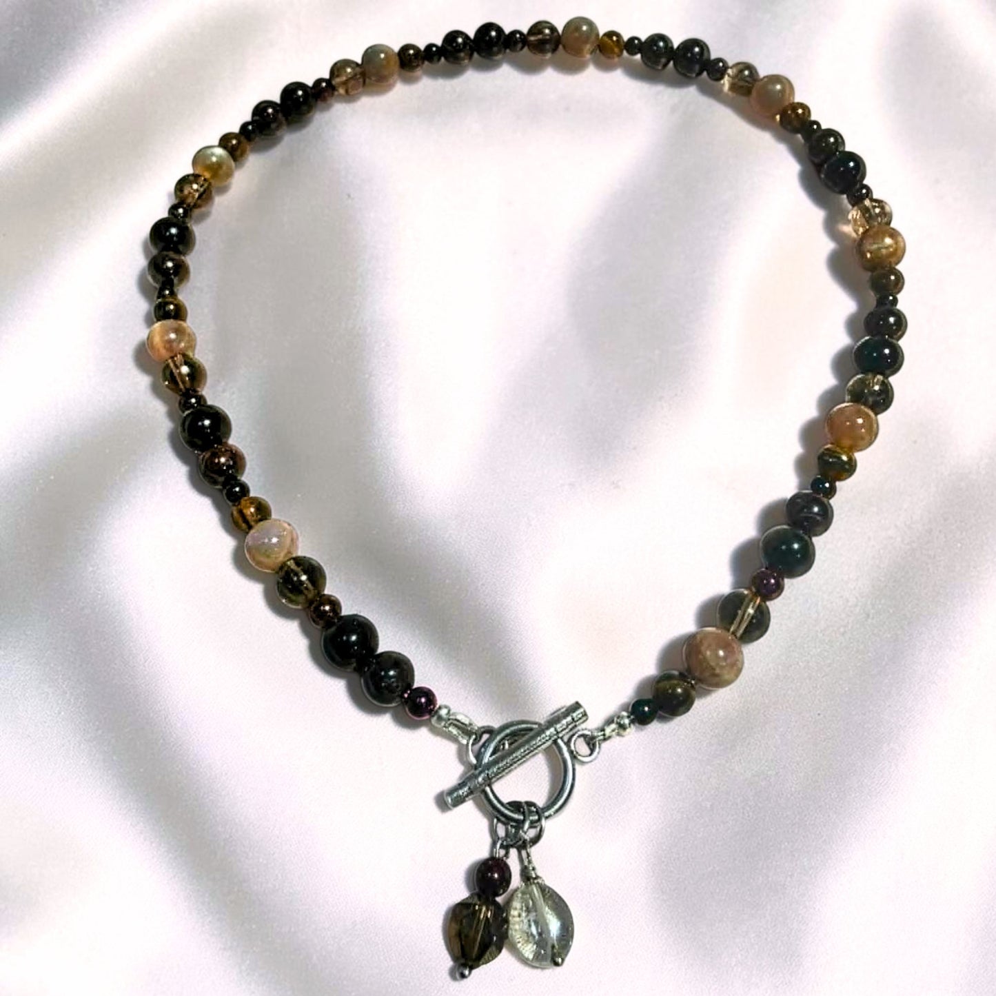 Crimson Veil Crystal Necklace | Garnet, Obsidian, Moonstone, Smoky Quartz, Tiger’s Eye