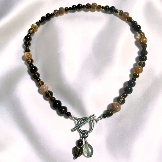 Crimson Veil Crystal Necklace | Garnet, Obsidian, Moonstone, Smoky Quartz, Tiger’s Eye