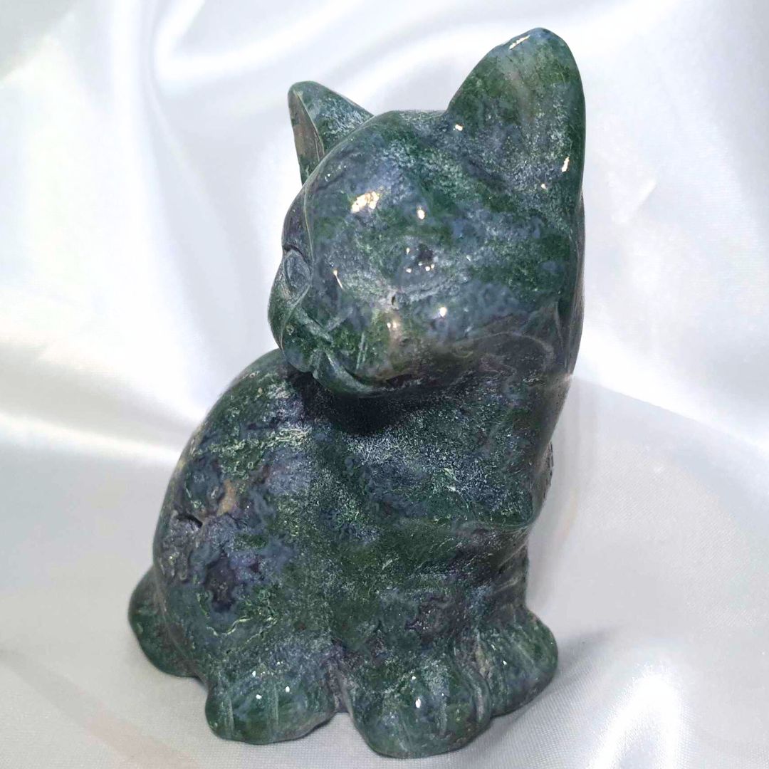 Large Moss Agate Cat Carving