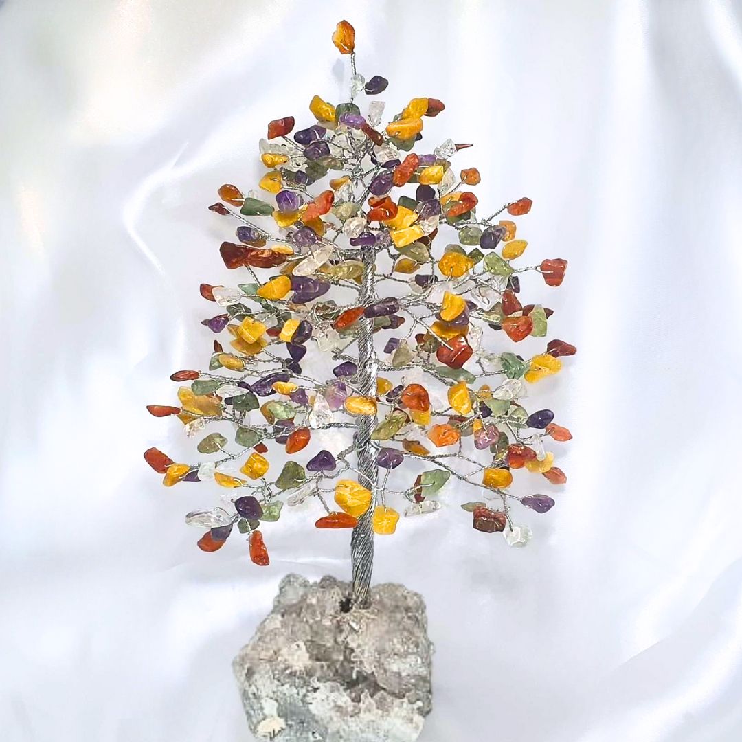 Large Chakra Crystal Wire Wrapped Tree on a Quartz Base - 28cm